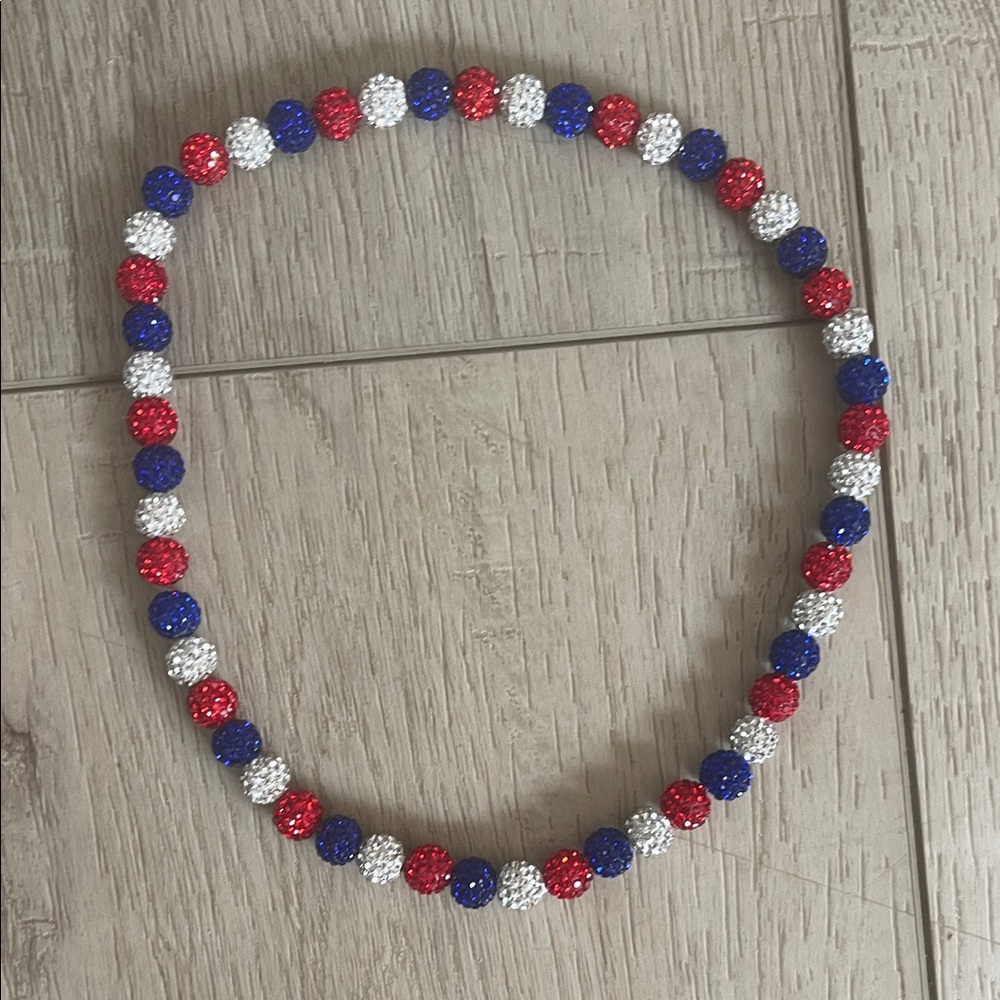 Red, Blue, and Silver Beaded Necklace